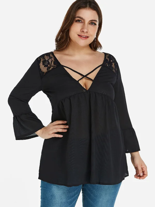 OEM ODM V-Neck Plain Lace Long Sleeve Black Plus Size Tops