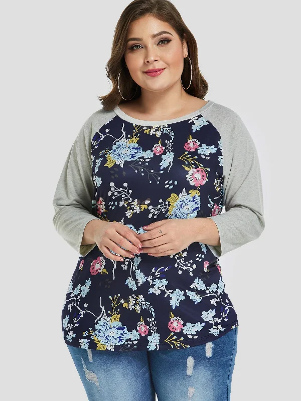 OEM ODM Round Neck Floral Print 3/4 Sleeve Curved Hem Grey Plus Size Tops