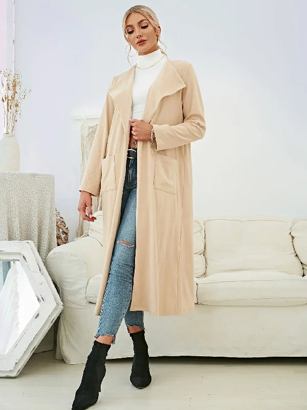 Casual Plain Pocket Long Sleeve Waterfall Long Women Coat