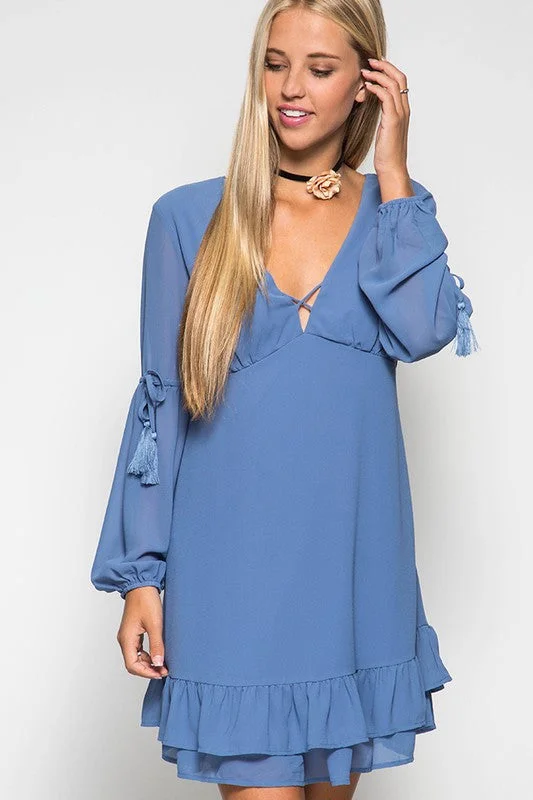 Ruffled Hem Dress W/ Tassel Ties