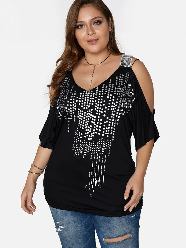 OEM ODM V-Neck Cold Shoulder Polka Dot Cut Out Half Sleeve Black Plus Size Tops