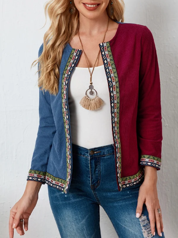 Boho Geometric Long Sleeve Round Neck Regular Women Coat