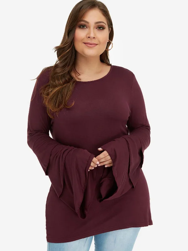 OEM ODM Scoop Neck Plain Tiered Pleated Long Sleeve Burgundy Plus Size Tops