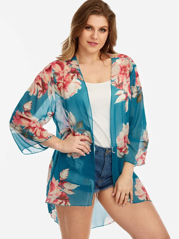 OEM ODM Floral Print 3/4 Sleeve Blue Plus Size Tops