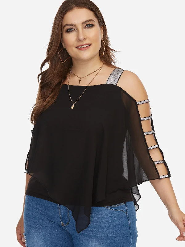 OEM ODM Off The Shoulder Plain Hollow Half Sleeve Black Plus Size Tops