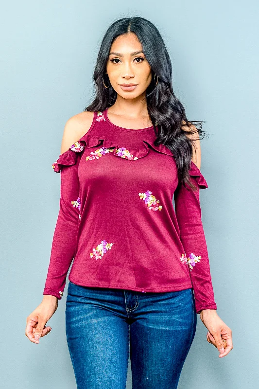 Cold Shoulder 3/4 Sleeve Top with Ruffle Accents and Bright Floral Embroidery  (ET1363)