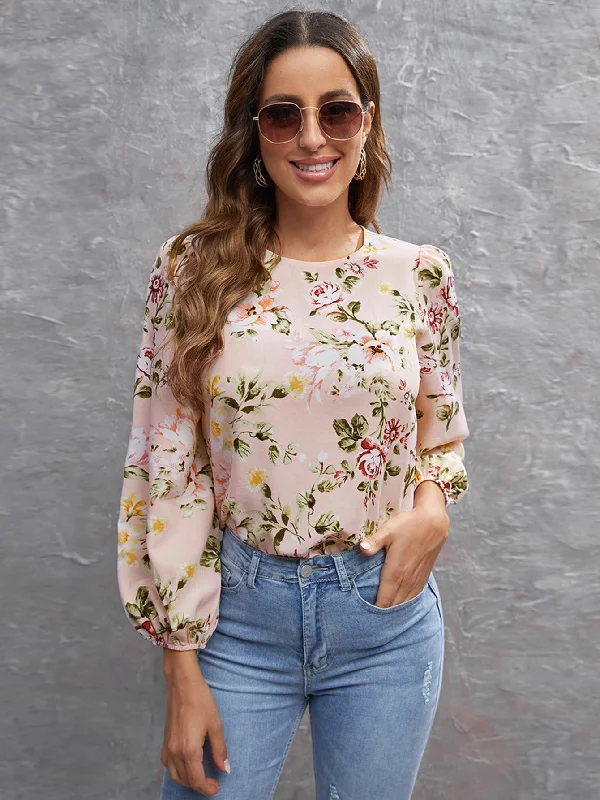 Casual Floral Button Long Sleeve Round Neck Regular Blouse