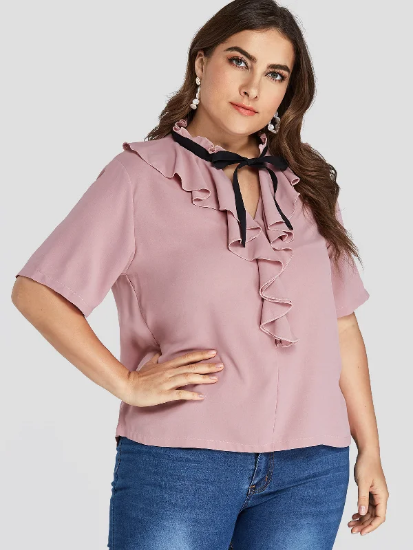 OEM ODM Drape Sagging Plain Cut Out Tie-Up Ruffle Trim Half Sleeve Pastel Plus Size Tops