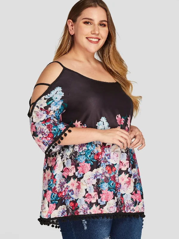 OEM ODM Cold Shoulder Floral Print Cut Out Half Sleeve Plus Size Tops