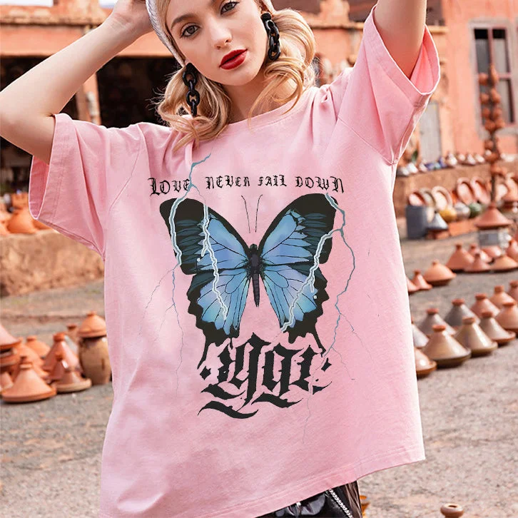 Fashion Butterfly Print Tops Loose Short Sleeve Crew Neck Womens T Shirts Wholesale