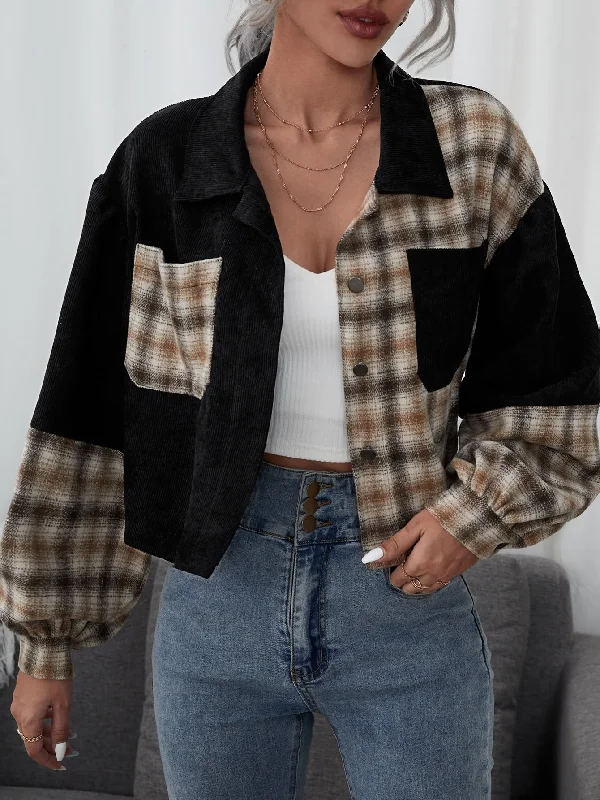 Casual Plaid Long Sleeve Collar Crop Women Jacket