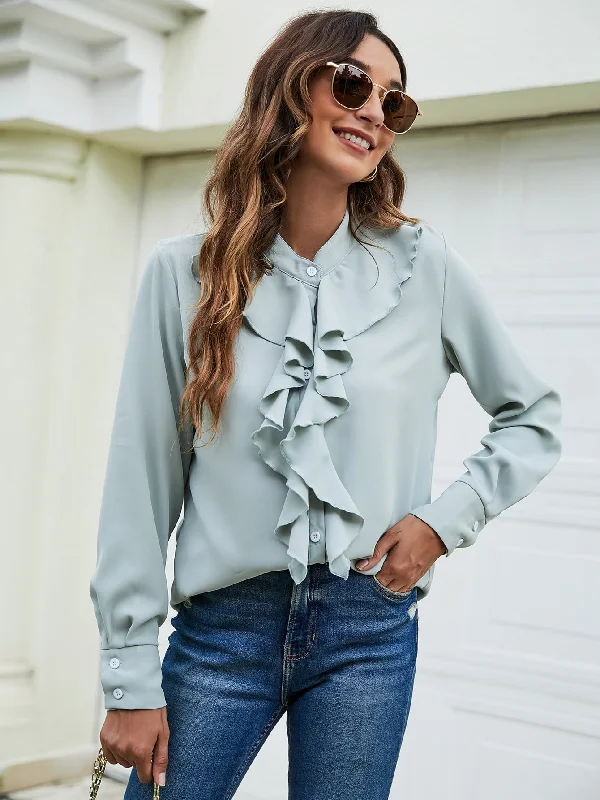 Cute Plain Button Front Long Sleeve Stand Collar Regular Blouse