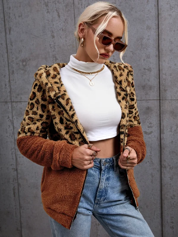 Casual Leopard Zipper Long Sleeve Hooded Short Women Jacket