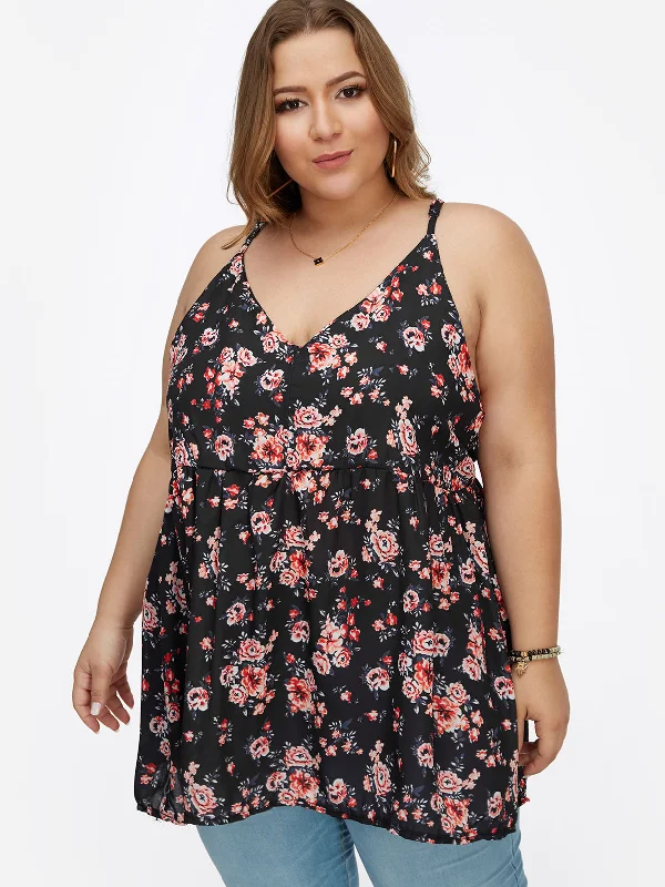 OEM ODM V-Neck Floral Print Calico Pleated Spaghetti Strap Sleeveless Flounced Hem Plus Size Tops