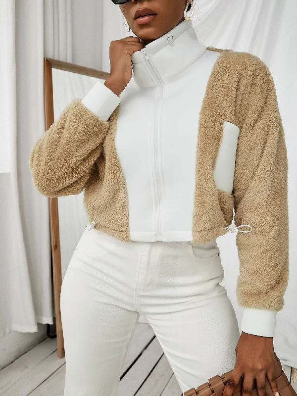 Casual Colorblock Zipper Long Sleeve Funnel Neck Crop Women Jacket