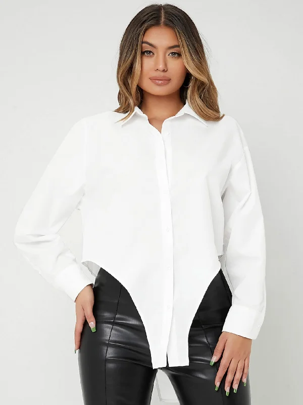 Casual Plain Button Front Long Sleeve Collar Asymmetrical Long Blouse