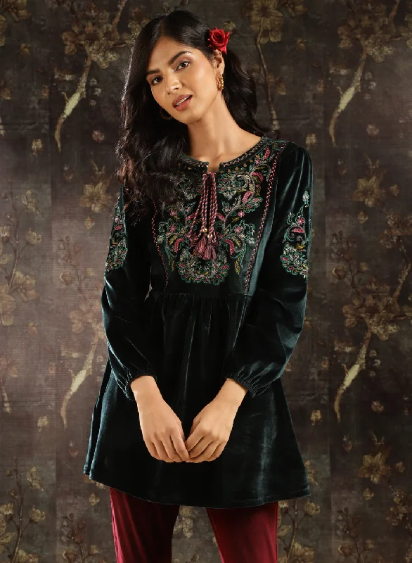 Green Velvet Tunic with Threadwork and Tassels