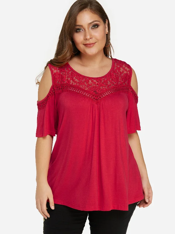 OEM ODM Round Neck Cold Shoulder Plain Short Sleeve Red Plus Size Tops