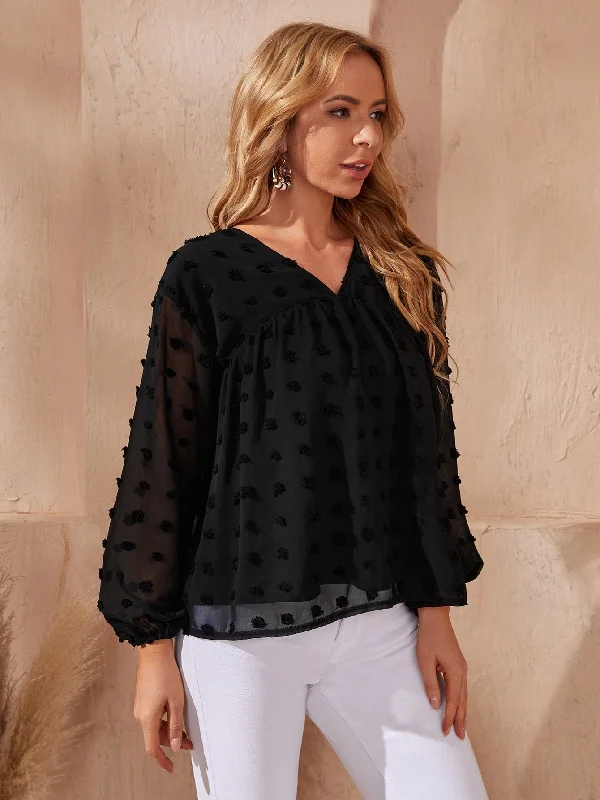 Elegant Plain Long Sleeve V Neck Semi-Sheer Regular Blouse