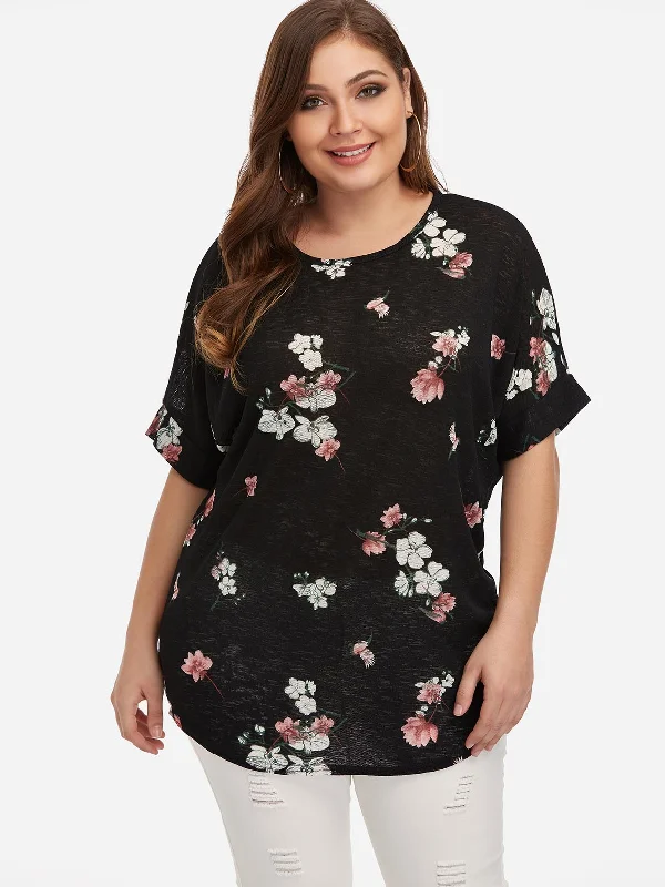 OEM ODM Round Neck Floral Print Calico Half Sleeve Curved Hem Black Plus Size Tops