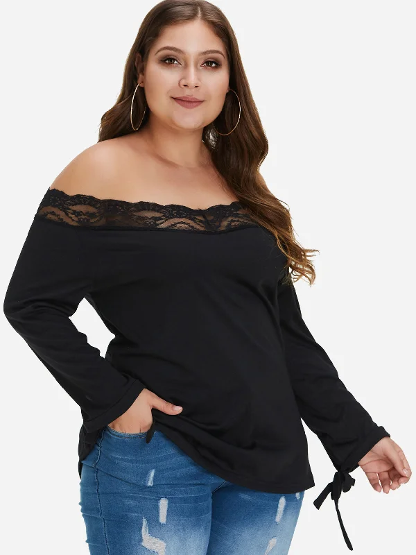 OEM ODM Off The Shoulder Plain Lace Self-Tie Long Sleeve Black Plus Size Tops