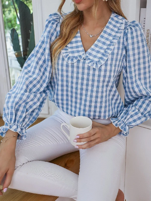 Preppy Gingham Frill Long Sleeve Peter Pan Collar Regular Blouse