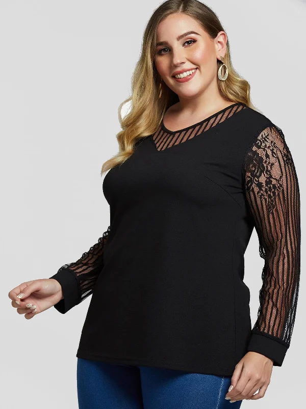 OEM ODM V-Neck Lace See Through Long Sleeve Black Plus Size Tops