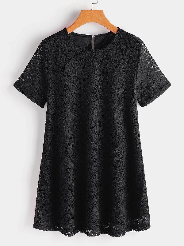 OEM ODM Round Neck Plain Lace Hollow Short Sleeve Black Plus Size Tops