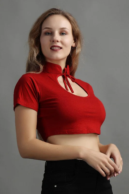 Red Solid Front Neck Tie Top