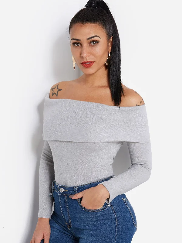 Custom Off The Shoulder Tiered Long Sleeve Grey Top