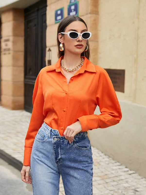 Casual Plain Button Front Long Sleeve Collar Regular Blouse