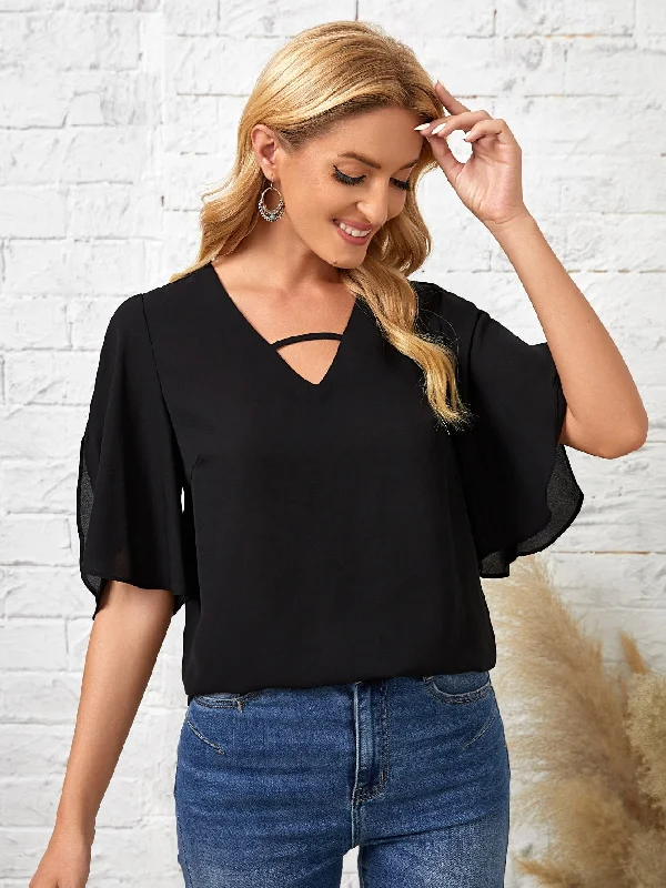 Elegant Plain Split Half Sleeve Keyhole Neckline Regular Blouse