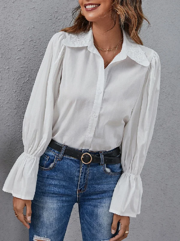 Elegant Plain Button Front Long Sleeve Collar Regular Blouse