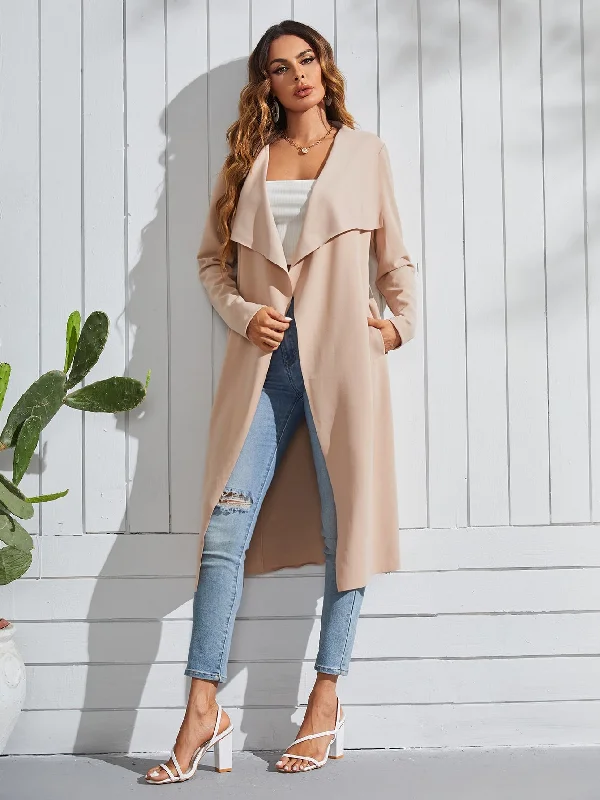 Elegant Plain Pocket Long Sleeve Waterfall Midi Women Coat