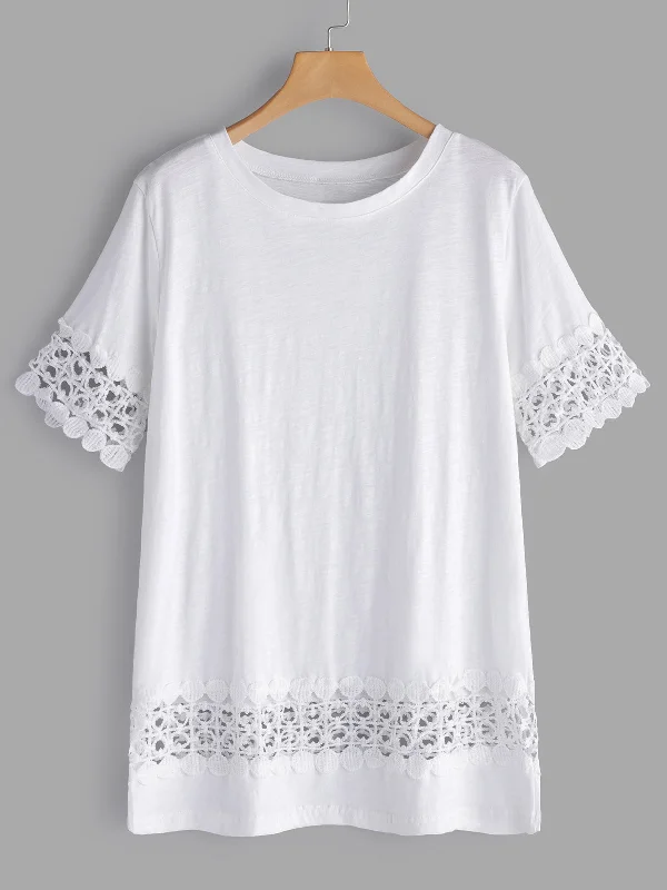 OEM ODM Round Neck Plain Lace Hollow Short Sleeve Stitching Hem Plus Size Tops