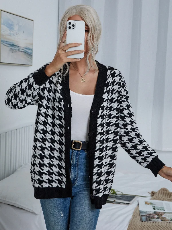 Casual Houndstooth Button Front Long Sleeve V Neck Short Women Cardigan