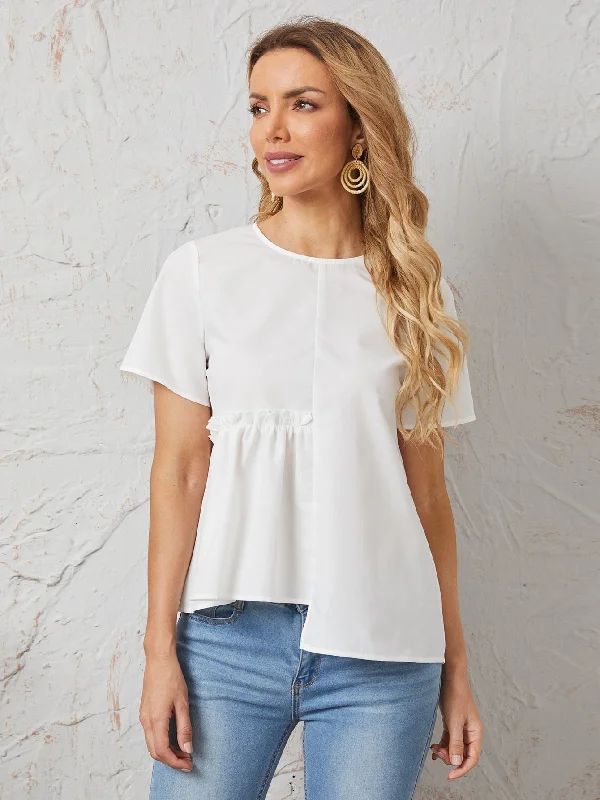 Casual Plain Frill Short Sleeve Round Neck Asymmetrical Regular Blouse