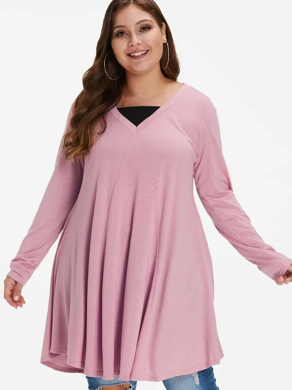 OEM ODM V-Neck Plain Pleated Long Sleeve Plus Size Tops