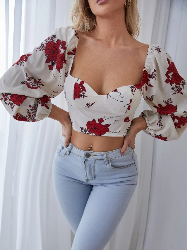 Boho Floral Zipper Long Sleeve Sweetheart Crop Blouse