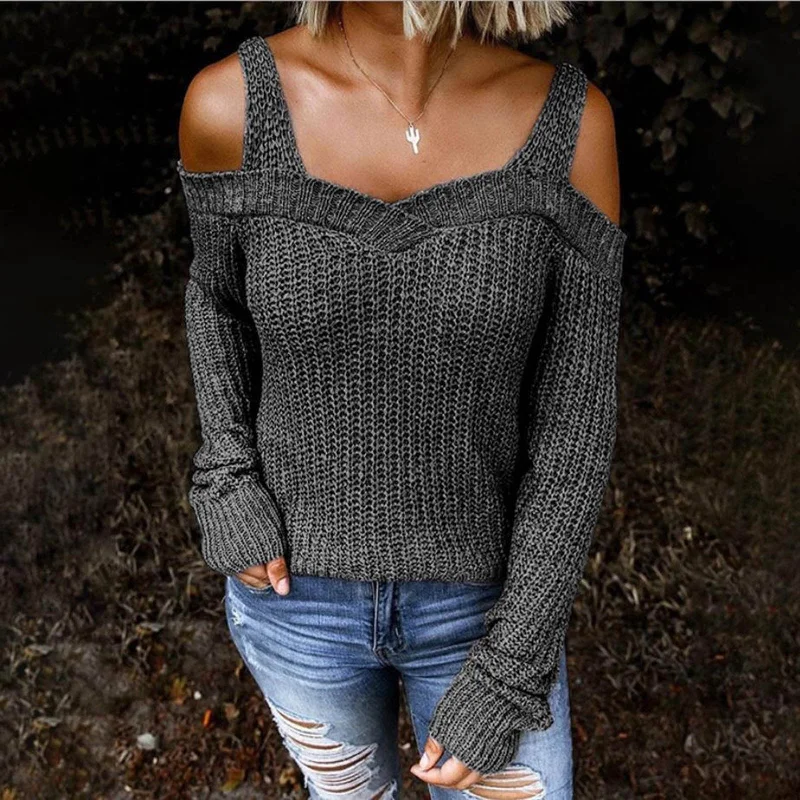 Knitted Loose Casual Solid Off the Shoulder Sling Long Sleeve Sweater Wholesale Women Clothing