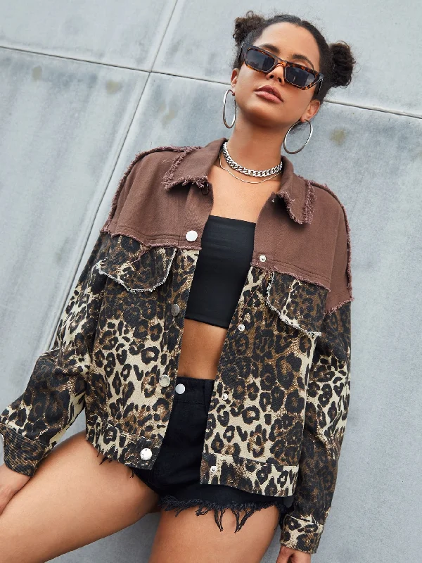 Casual Leopard Button Front Long Sleeve Collar Regular Women Jacket