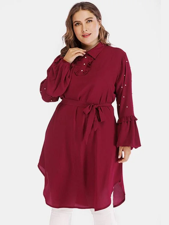 OEM ODM Classic Collar Plain Handmade Beaded Self-Tie Ruffle Trim Long Sleeve Burgundy Plus Size Tops