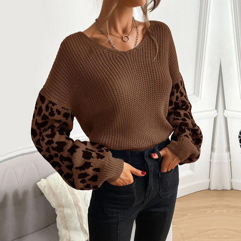 Casual Crew Neck Long Sleeve Leopard Print Knit Tops Wholesale Sweater