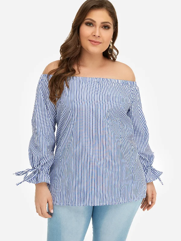 OEM ODM Off The Shoulder Stripe Self-Tie Long Sleeve Plus Size Tops