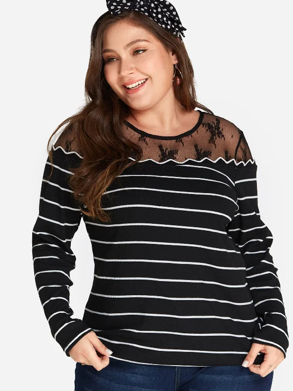 OEM ODM Round Neck Stripe See Through Long Sleeve Plus Size Tops