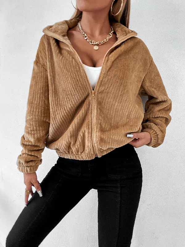 Casual Plain Zipper Long Sleeve High Neck Regular Women Jacket