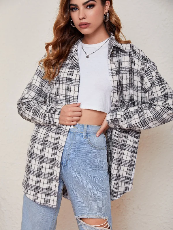 Casual Plaid Button Front Long Sleeve Collar Short Women Coat