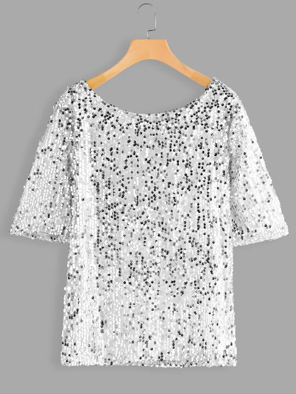 OEM ODM Round Neck Plain Sequins Embellished Half Sleeve Silver Plus Size Tops