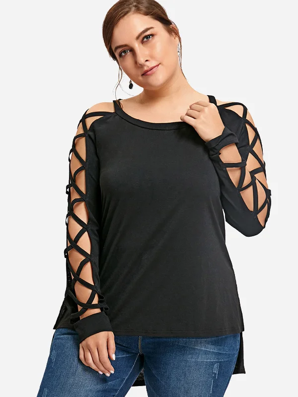 OEM ODM Scoop Neck Plain Cut Out Criss-Cross Long Sleeve High-Low Hem Black Plus Size Tops