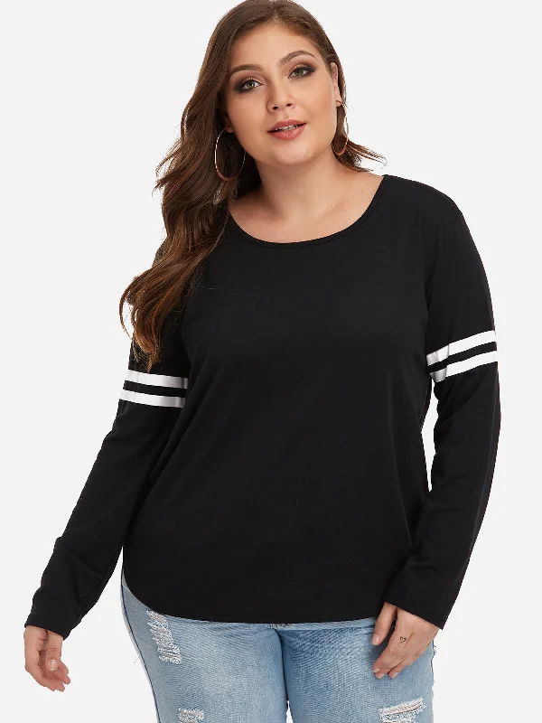 OEM ODM Round Neck Plain Long Sleeve Curved Hem Black Plus Size Tops